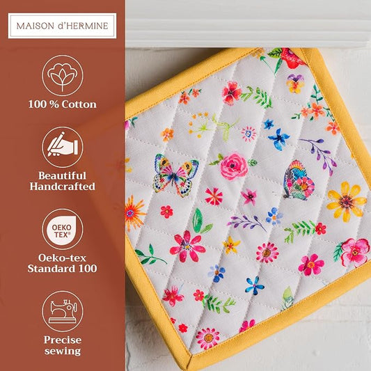 Maison d' Hermine Pot Holders 100% Cotton Potholders (8" x 8", Pack of 2) | Heat Resistant Hot Pads with Loop BBQ Cooking Farmhouse Kitchen Handling Hot Pans Spring Summer - Happy Florals - Sweety