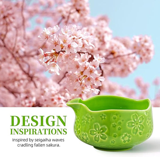 TEANAGOO 7-PCS Green Matcha Whisk Set with Cherry Blossom Design, Complete Ceremony Kit, Ceramic Chawan Bowl with Spout, Whisk & Accessories, Traditional Matcha Tea Set for Lattes& Gift Giving