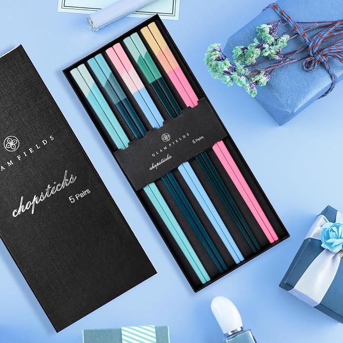 Chopsticks Reusable Dishwasher Safe, GLAMFIELDS 5 Pairs 9.5 Inches Premium Chop Sticks Set for Sushi, Ramen, Asian Cuisine, Matte Non-slip with Gift Case, Pink + Light Blue