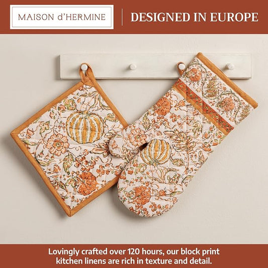Maison d' Hermine 100% Cotton Oven Mitt & Pot Holder Set (7.5"x13" & 8"x8") | Heat Resistant BBQ Cooking Gloves with Loop Baking Grilling Kitchen Home Farmhouse Thanksgiving Christmas - Pumpkin Spice