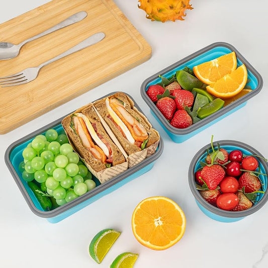 Collapsible Silicone Food Storage Containers Set with Lid & Air Vent, Foldable Lunch Containers, 8 Pack (4 Rectangular + 4 Round Bowls), BPA-Free, Space-Saving