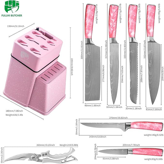 FULLHI 8pcs block Knife Set,chef's Knves Set with Block and Sharpener, Kitchen Knife Set,Multi-colour Handle, Gifts for Men Women