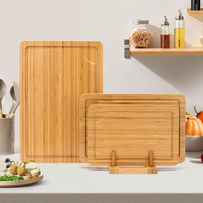 Bamboo Cutting Board Set, 3-Piece Cutting Board with Stand for Kitchen | Different Size, Chopping Board with Juice Groove, Serving Board, Ideal for Meat, Vegetables and Cheese