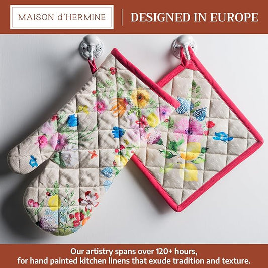 Maison d' Hermine 100% Cotton Oven Mitt & Pot Holder Set (7.5"x13" & 8"x8") | Heat Resistant BBQ Cooking Gloves with Loop Baking Grilling Kitchen Hotel Home Farmhouse Spring Summer - Jardin D'Ete - Fog