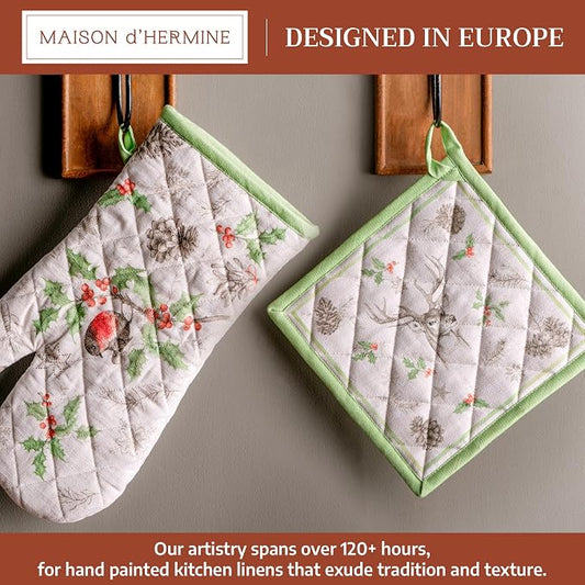 Maison d' Hermine 100% Cotton Oven Mitt & Pot Holder Set (7.5"x13" & 8"x8") | Heat Resistant BBQ Cooking Gloves with Loop Baking Grilling Kitchen Home Farmhouse Thanksgiving Christmas - Christmas Dew