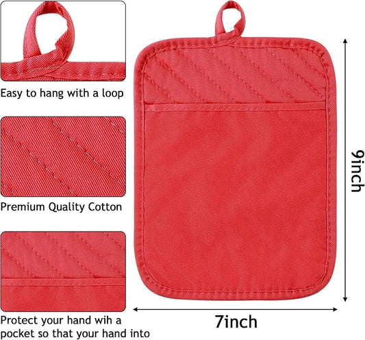 R HORSE 6Pcs Christmas Red Pot Holders with Pocket for Kitchen Cotton Pocket Pot Holder Set Heat Resistant Potholder Terry Coaster Oven Mitts Hot Pads Trivet for Baking Cooking 7''x9''