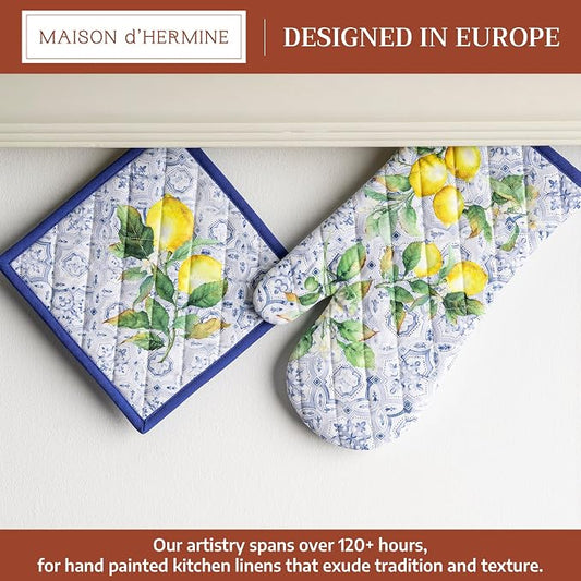 Maison d' Hermine 100% Cotton Oven Mitt & Pot Holder Set (7.5"x13" & 8"x8") | Heat Resistant BBQ Cooking Gloves with Loop Baking Grilling Kitchen Hotel Home Farmhouse Spring Summer - Citrus