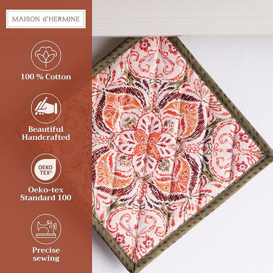 Maison d' Hermine Pot Holders 100% Cotton Potholders (8" x 8", Pack of 1) | Heat Resistant Hot Pads with Loop BBQ Cooking Baking Hotel Kitchen Handling Hot Pans Thanksgiving Christmas - Damask