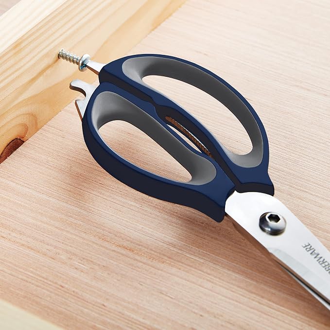 Farberware 4-in-1 Kitchen Scissors, Multi-Function Kitchen Shears with Jar Opener, Bottle Opener and Screwdriver, High-Carbon Stainless Steel Blades, Navy and Grey Ergonomic Handles with Sheath