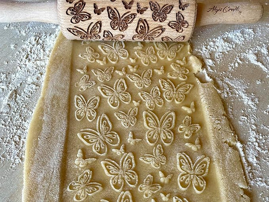 SUMMER 3 KID Rolling Pin SET. Wooden Laser Cut Mini Rolling Pins for cookies, play dough, salt dough or clay Butterfly, Music Flower by Algis Crafts