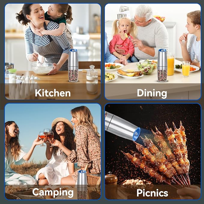 UNNEES Gravity Electric Salt and Pepper Grinder, Automatic Salt And Pepper Grinde, Adjustable Roughness, Battery Powered, LED Light, 1 Pack, (Silver)