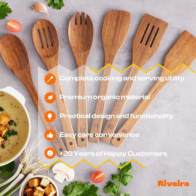 Riveira Teak Wooden Spoons for Cooking Set of 6 – Natural Teak Wooden Cooking Utensils, Wooden Spatula, Wooden Spoon - Premium Quality Utensil Set for Non-Toxic Cooking