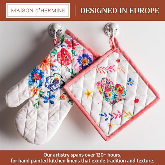 Maison d' Hermine 100% Cotton Oven Mitt & Pot Holder Set (7.5"x13" & 8"x8") | Heat Resistant BBQ Cooking Gloves with Loop Baking Kitchen Hotel Home Farmhouse Spring Summer - Happy Florals - High Summer