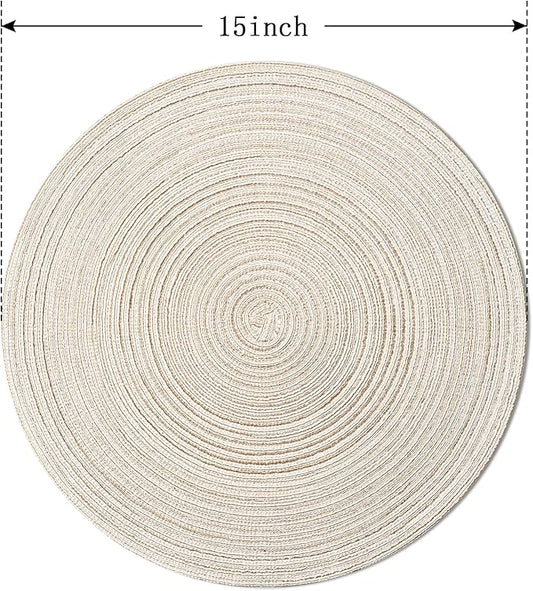 FunWheat Round Braided Placemats Set of 8 Place mats for Dining Tables Woven Heat Resistant Table Mats 15 inch (E Beige, 8pcs)