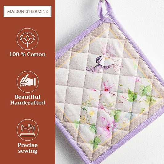 Maison d' Hermine Pot Holders 100% Cotton Potholders (8" x 8", Pack of 1) | Heat Resistant Hot Pads with Loop BBQ Cooking Baking Farmhouse Kitchen Handling Hot Pans Spring Summer - Magnolia Mornings