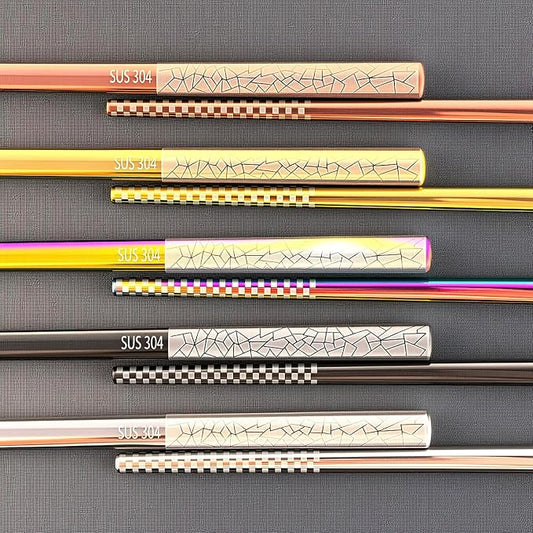 5 Pairs Stainless Steel Chopsticks, 9.25" Metal Set, Non-Slip Tips | 18/8 304 Stainless Steel, 5 Colors, Square Body, Laser-Engraved Tips, Dishwasher Safe, Gift Box
