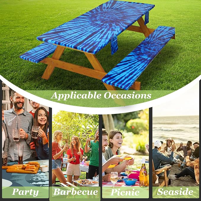 Fitted Picnic Table Cover with Bench Covers Waterproof Elastic Edges Rectangle Patio Tablecloth Outdoor Camping Essentials Stuff Rv Accessories Summer Trip Travel Supplies Party Camper Gifts, 8 ft