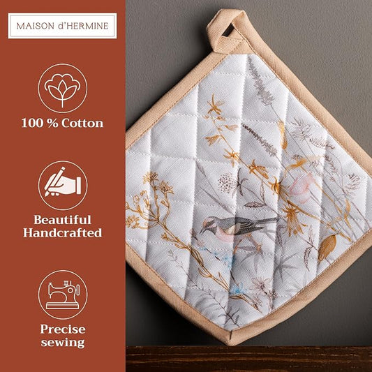 Maison d' Hermine Pot Holders 100% Cotton Potholders (8" x 8", Pack of 2) | Heat Resistant Hot Pads with Loop BBQ Cooking Farmhouse Kitchen Handling Hot Pans Spring Summer - Meadow Florals - Beige