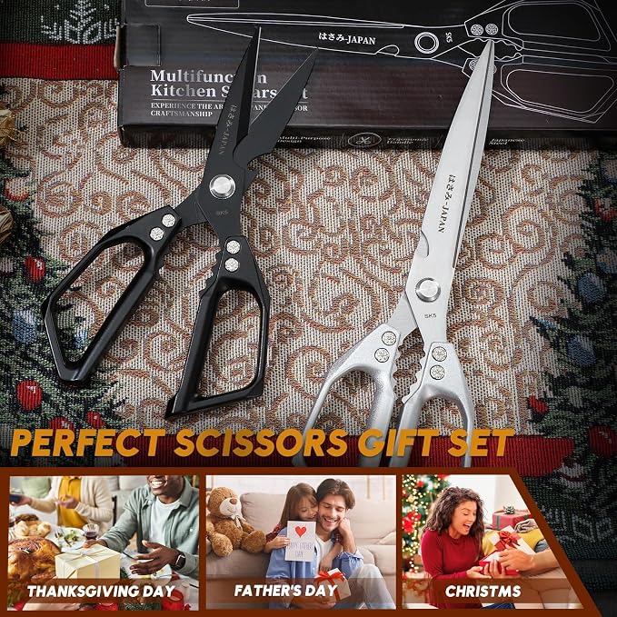 Huusk Kitchen Scissors Set Upgraded, Multifunction Kitchen Shears 2 Pack | Cooking Scissors for Meat, Fish, Vegetables, Chicken Bones, Turkey, Ergonomic Handles, Dishwasher Safe, Gifts for Women