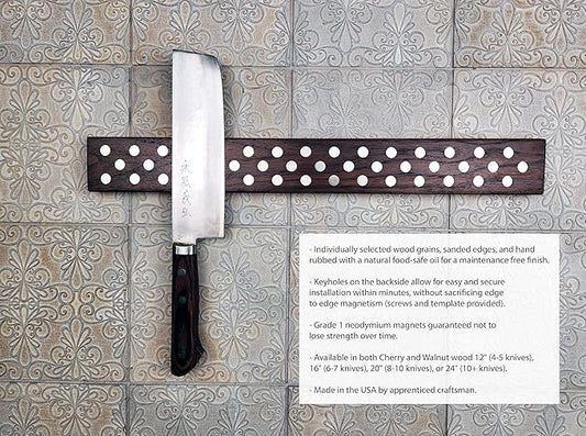 Magnetic Wooden Knife Bar Holder Strip, Cherry or Walnut, 12, 16, 20, or 24 Inch (20 Inch, Walnut)