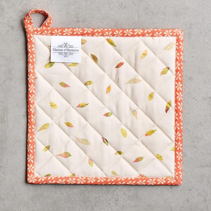 Maison d' Hermine Pot Holders 100% Cotton Potholders (8" x 8", Pack of 1) | Heat Resistant Hot Pads with Loop BBQ Cooking Baking Hotel Kitchen Handling Hot Pans Thanksgiving Christmas - Pumpkin Passion