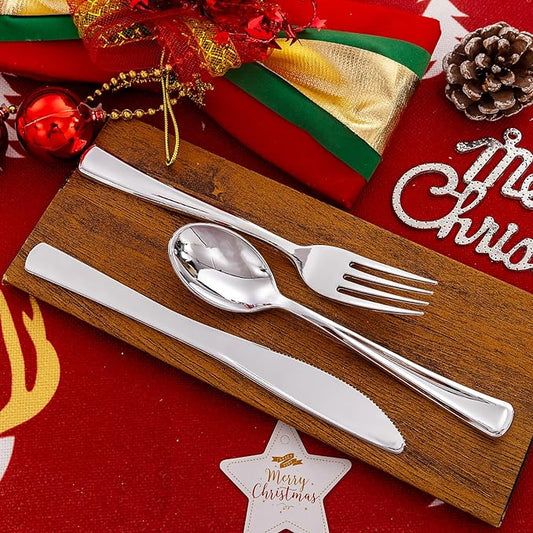 Liacere 200Pcs Silver Plastic Cutlery - Silver Plastic Silverware- Disposable Silverware - 100 Forks, 50 Spoons, 50 Knives Perfect for Wedding&Christmas