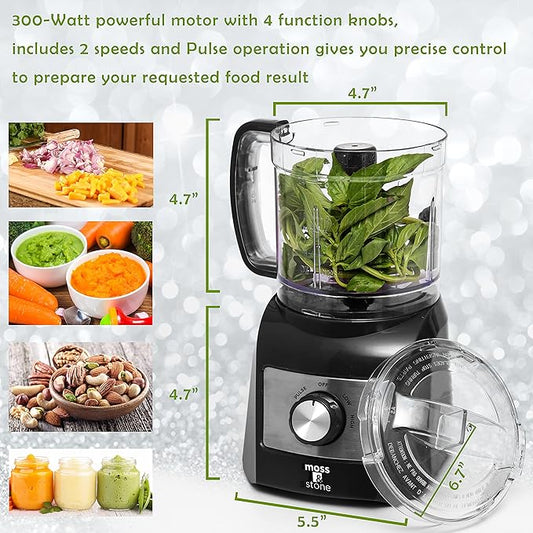 Moss & Stone 3 Cup Mini Food Processor, Strong Vegetable Chopper for Dicing, Chopping, Mincing, & Puree 300 Watts Mini Chopper With 2 Speeds, Perfect Baby Food Processor Black