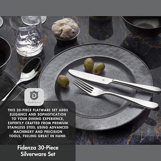 Silverware Set for 6 – 18/10 Stainless Steel Flatware, Mirror Finish, Dishwasher Safe, Durable and Balanced Utensils, Modern Tableware (30-Piece Set, Fidenza)