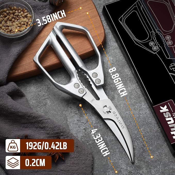 Huusk Kitchen Scissors for Food - Multifunction Kitchen Shears All Purpose | Stainless Steel Seafood Scissors for Meat, Fish, Chicken, Turkey, Ergonomic Non-Slip Silver Handle, Gifts for Women