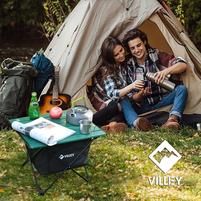VILLEY Portable Camping Side Table, Ultralight Aluminum Folding Beach Table | Lightweight & Portable, Under-Table Storage Hammock, Carry Bag for Camping, Beach, Picnic, Boat & Travel