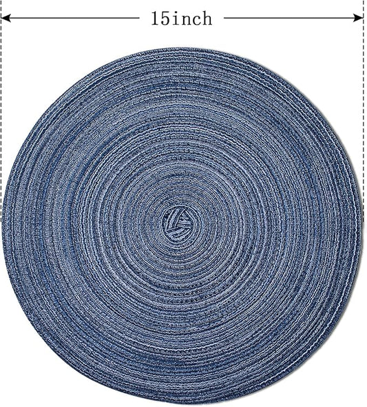 FunWheat Round Braided Placemats Set of 6 Place mats for Dining Tables Woven Heat Resistant Table Mats 15 inch (Blue)