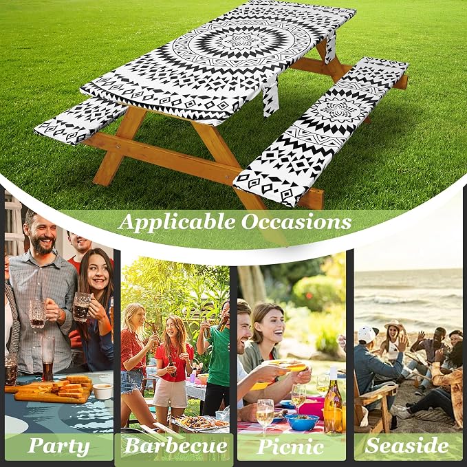 Fitted Picnic Table Cover with Bench Covers Waterproof Elastic Edges Rectangle Patio Tablecloth Outdoor Camping Essentials Stuff Rv Accessories Summer Trip Travel Supplies Party Camper Gifts, 8 ft