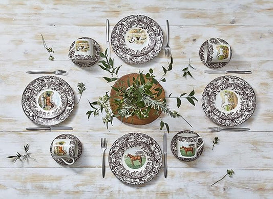 Spode Woodland American Quarter Horse Dinner Plate - 10.5 Inch Fine Earthenware with 1831 British Flowers Border, Microwave, Oven, Freezer & Dishwasher Safe - Made in England, Equestrian Tableware