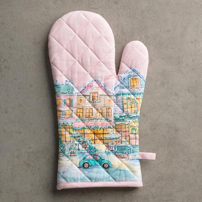 Maison d'Hermine Oven Gloves 100% Cotton Oven Mitt (7" x 13", Pack of 1) | With Loop Heat Resistant BBQ Cooking Gloves Baking Kitchen Handling Hot Pans Thanksgiving Christmas - Christmas Market - Pink