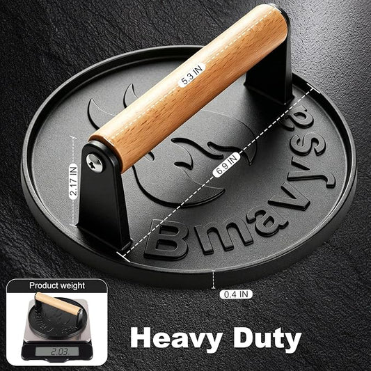 Heavy Duty Cast Iron Smash Burger Grill Press with Wooden Handle | Non-stick & Rust Resistant, Ideal Burger Smasher for Hamburgers, Bacon, Steak, Sandwiches and Beef on Grill & Griddle
