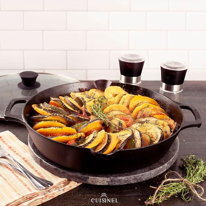 Cast Iron Skillet Set - 10" + 12"-Inch Dual Handle Frying Pans + Glass Lids + Silicone Handle Holder Covers - Pre-seasoned Oven Safe Cookware - Indoor/Outdoor Use - Grill, Stovetop, Induction Safe