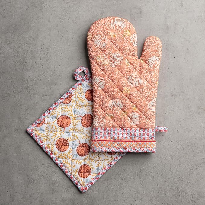 Maison d' Hermine 100% Cotton Oven Mitt & Pot Holder Set (7.5"x13" & 8"x8") | Heat Resistant BBQ Cooking Gloves with Loop Baking Kitchen Hotel Home Farmhouse Thanksgiving Christmas - Harvest Festival