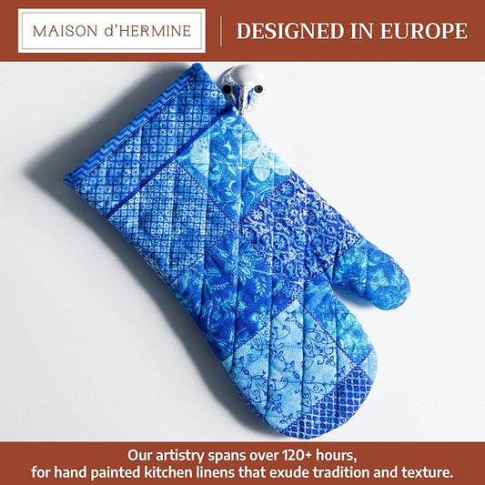 Maison d'Hermine Oven Gloves 100% Cotton Oven Mitt (7" x 13", Pack of 1) | With Loop Heat Resistant BBQ Cooking Gloves Baking Grilling Kitchen Handling Hot Pans Spring Summer - Indigo Love