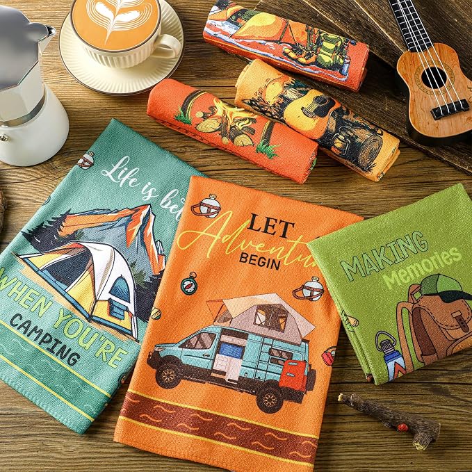 Boyiee 6 Pcs Camping Kitchen Towels Absorbent Dishcloths | Bonfire Tent Car Tea Towels with Funny Sayings 24 x 16 Inches Novelty Gifts for Rv Campers Happy Camper Accessories