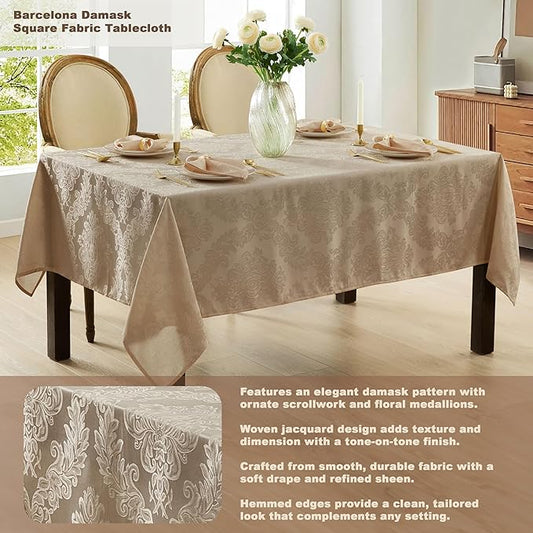 Newbridge Barcelona Luxury Damask Fabric Tablecloth, 70” x 70”, Square, Golden Beige, 100% Polyester, No Iron, Soil Resistant Dining Room, Party and Banquet Table Cover