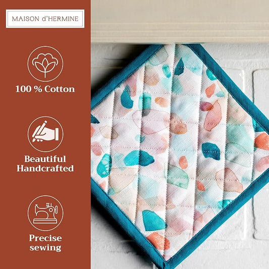 Maison d' Hermine Pot Holders 100% Cotton Potholders (8" x 8", Pack of 2) | Heat Resistant Hot Pads with Loop BBQ Cooking Baking Farmhouse Kitchen Handling Hot Pans Spring Summer - Summer Picnic