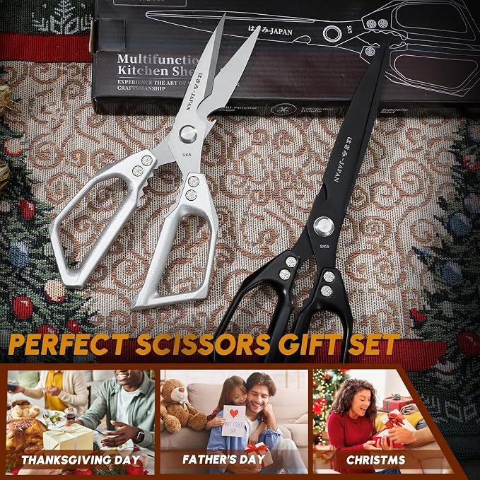 Huusk Kitchen Shears Set, Japanese Stainless Steel Scissors for Food | Upgraded Heavy Duty Design, Sharp Meat Scissors for Fish, Chicken Bones, Turkey, Ergonomic Handles, Gifts for Women