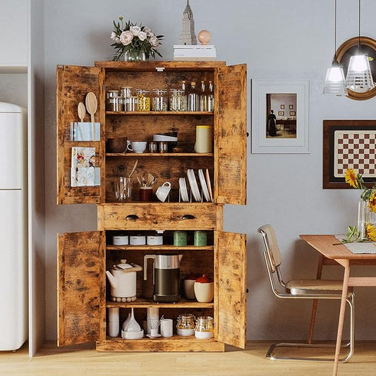 IRONCK Kitchen Pantry Storage Cabinet 72.6" H, with Barn Doors, Drawer, 4 Adjustable Shelves, Freestanding Cupboard for Dining Room Living Room, Laundry, Vintage Brown