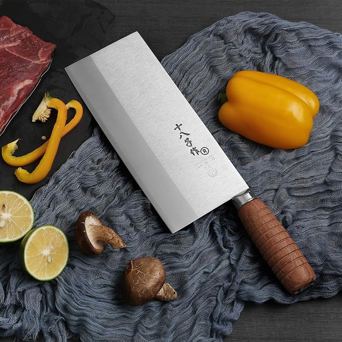 SHI BA ZI ZUO 8-inch Professional Cleaver - Stainless Steel Meat & Vegetable Knife with Non-stick Finish and Anti-slip Wooden Handle
