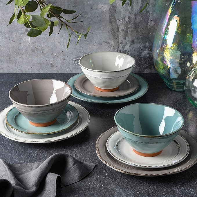 Gibson Elite Terranea Round Reactive Glaze Terra Cotta Dinnerware Set, Service for Four (12pcs), White