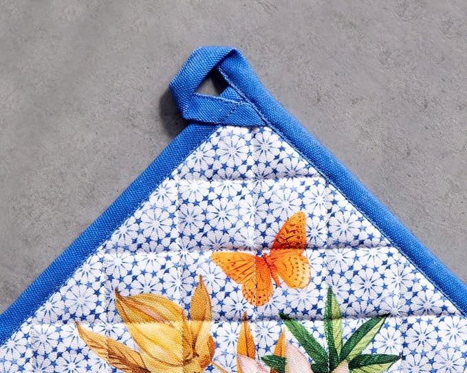 Maison d' Hermine Pot Holders 100% Cotton Potholders (8" x 8", Pack of 2) | Heat Resistant Hot Pads with Loop BBQ Cooking Baking Farmhouse Kitchen Handling Hot Pans Spring Summer - Passiflora