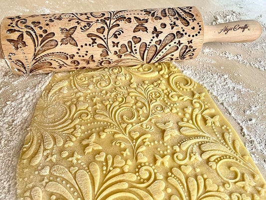 ROLLING PIN SPRING WOODDEN EMBOSSING ROLLING PIN with BUTTERFLIES and FLOWERS EMBOSSED COOKIES GIFT FOR MOTHER FRIEND