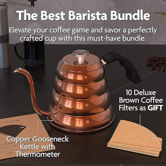 Vianté Gooseneck Stovetop Pour Over Coffee Kettle with Thermometer for Drip Coffee and Tea. Premium Copper Stainless Steel. 40 fl oz. All Coocktops.