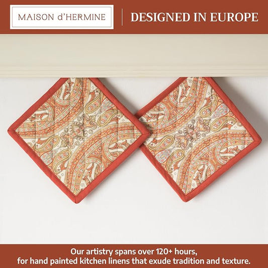 Maison d' Hermine Pot Holders 100% Cotton Potholders (8" x 8", Pack of 2) | Heat Resistant Hot Pads with Loop BBQ Cooking Baking Hotel Kitchen Handling Hot Pans Thanksgiving Christmas - Kashmir Paisley