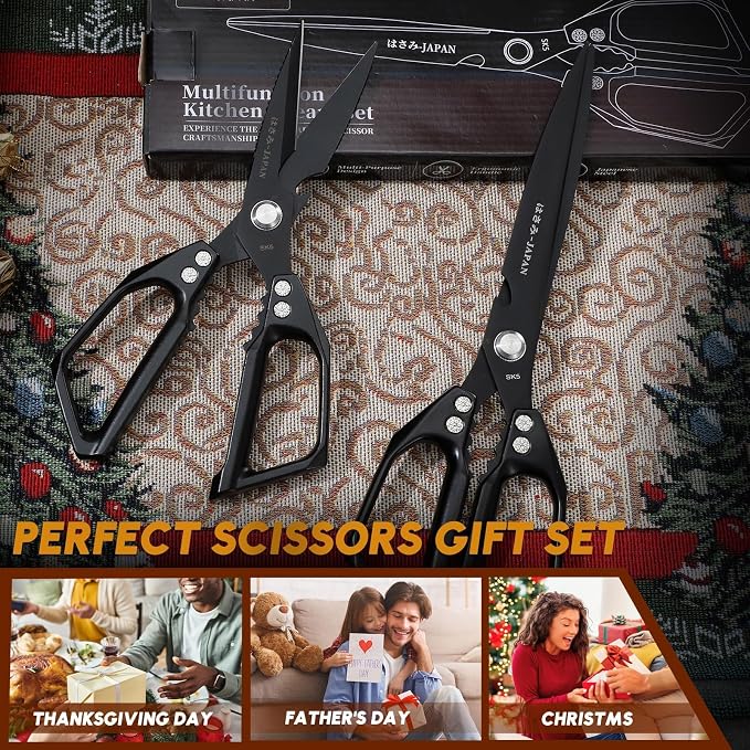 Huusk Kitchen Scissors Japanese Stainless Steel, 2 Pack Kitchen Shears Set | Multifunction Cooking Scissors for Meat, Fish, Chicken Bones, Turkey, Ergonomic Handles, Dishwasher Safe, Gifts for Women